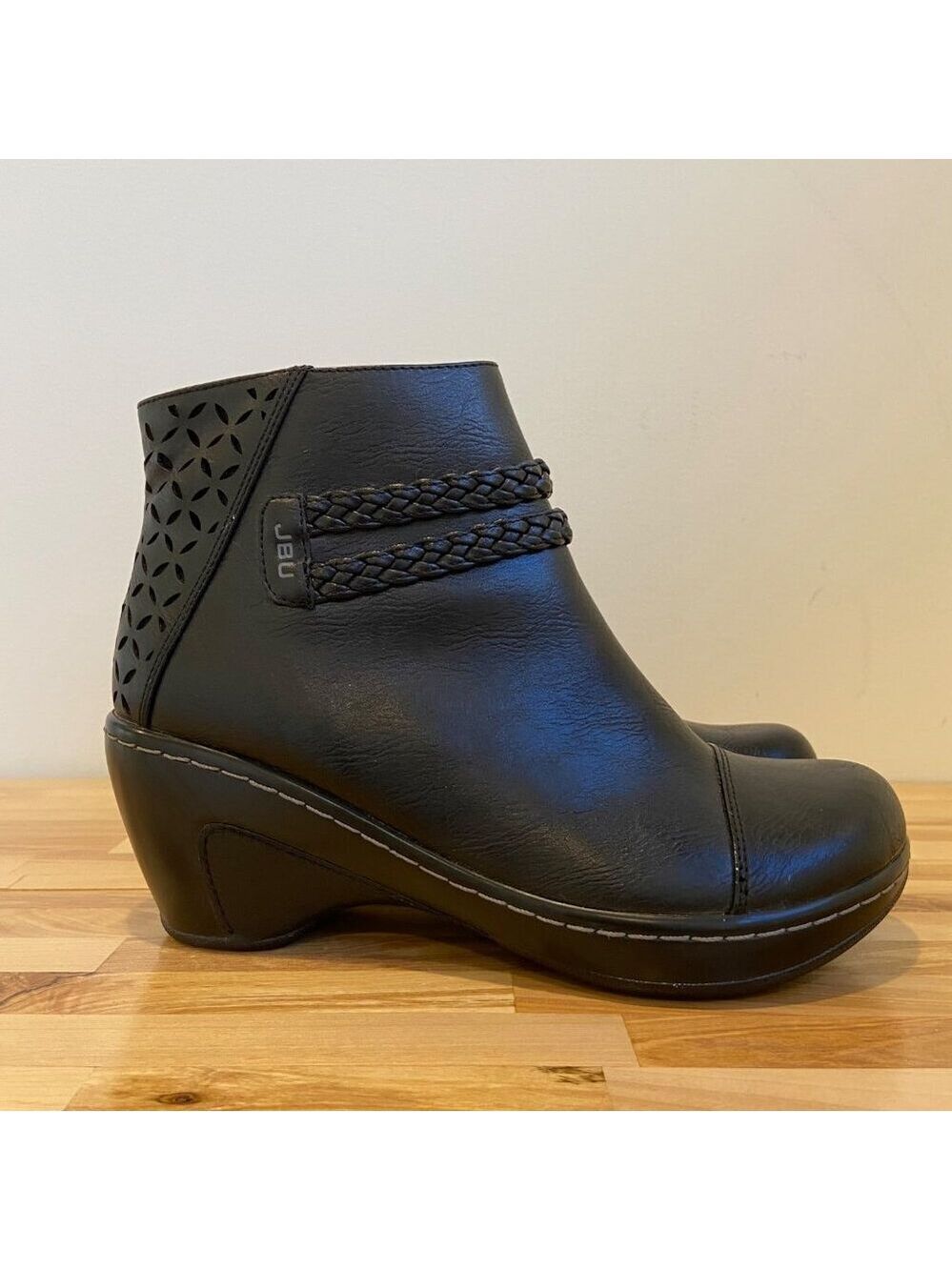 JBU Womens Black 7.5 Ankle Boot With Braided Strap Laser Cut Design wedges vegan - Picture 4 of 16